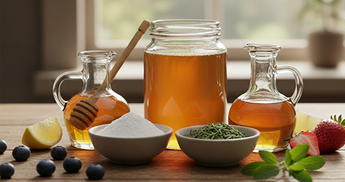 foto de ingredientes como mel, açúcar e frutas